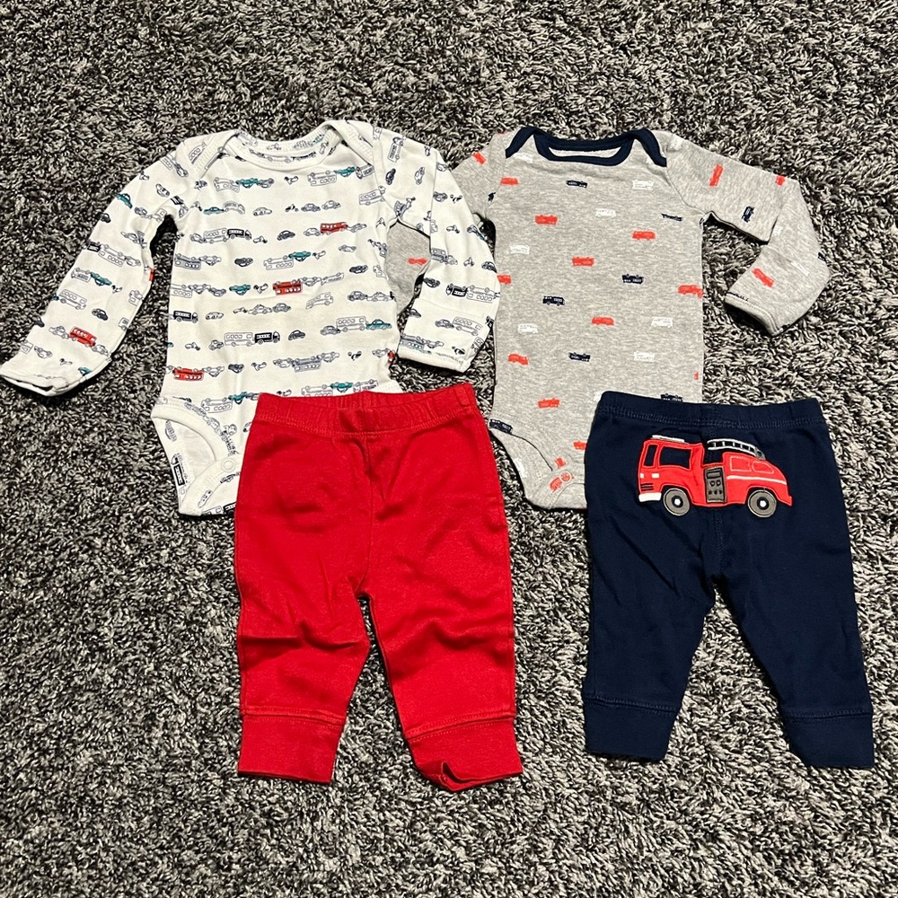 ❌SOLD❌ 2 Newborn Baby Bodysuit and Pants Set with Car and Fire Truck Print